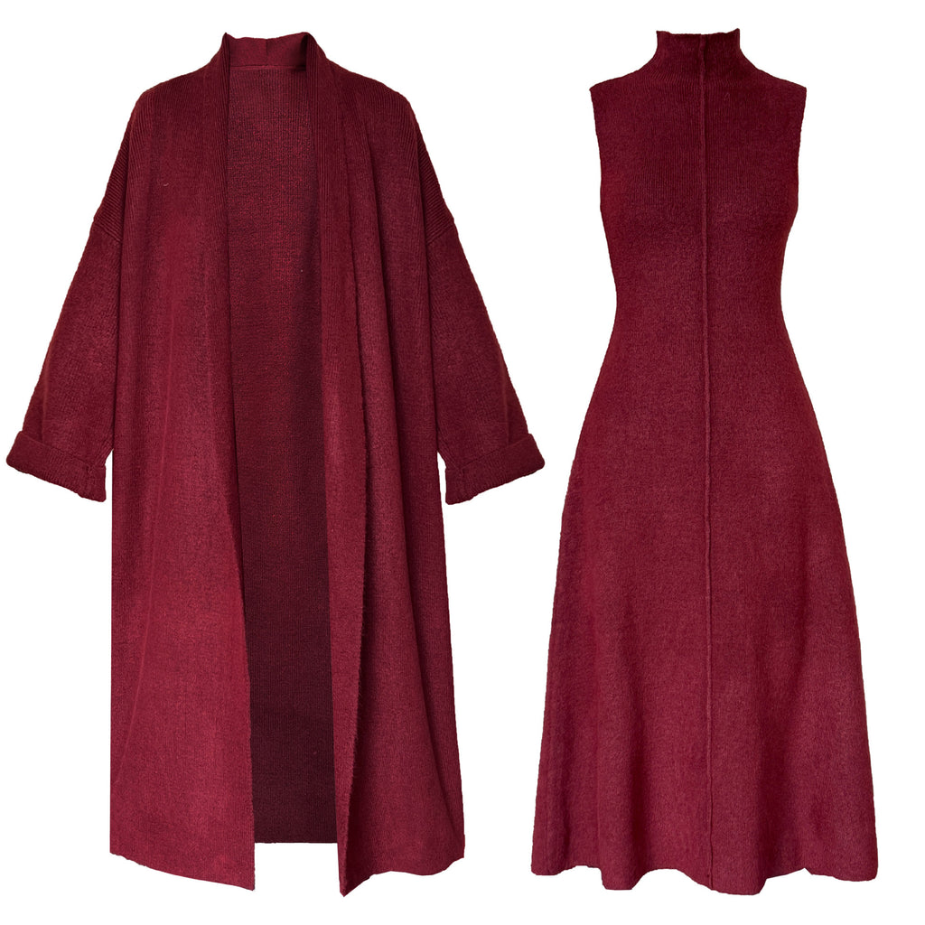 Ensemble femme en maille : robe longue col montant et gilet
