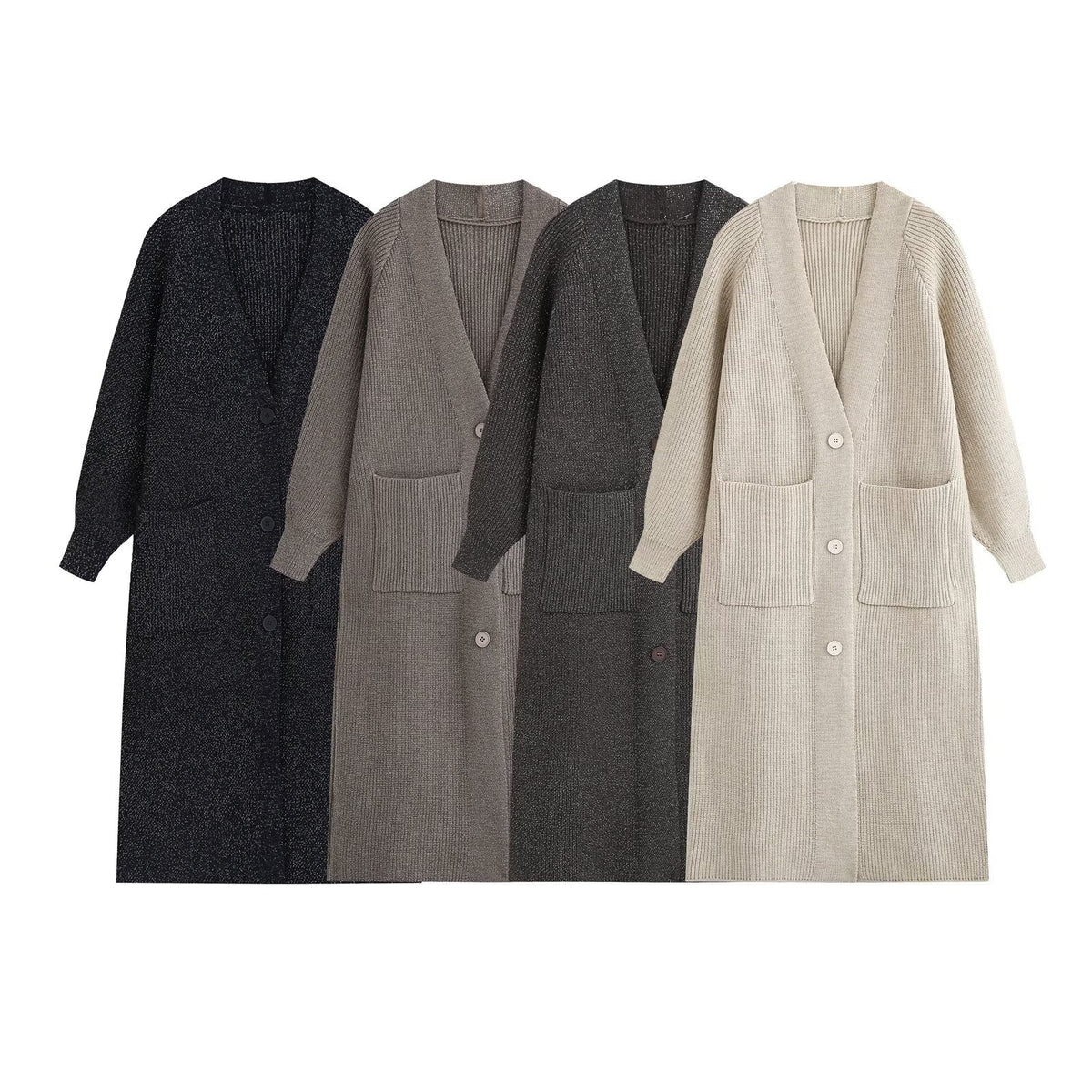Cardigan long femme en maille côtelée à poches