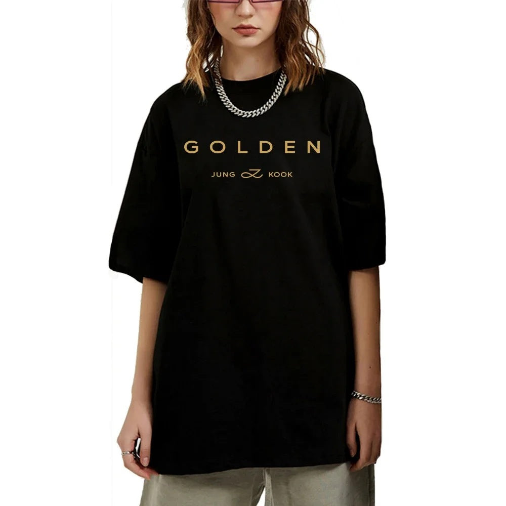 T-Shirt Femme Imprimé Lettres Dorées – Manches Courtes, Col Rond