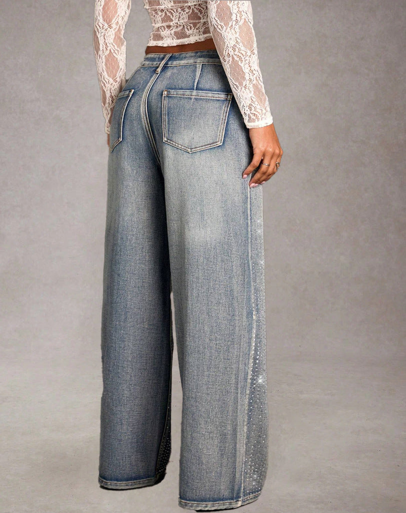 Jean droit long femme – Élégant & Fashion, Mi-taille stretch avec strass