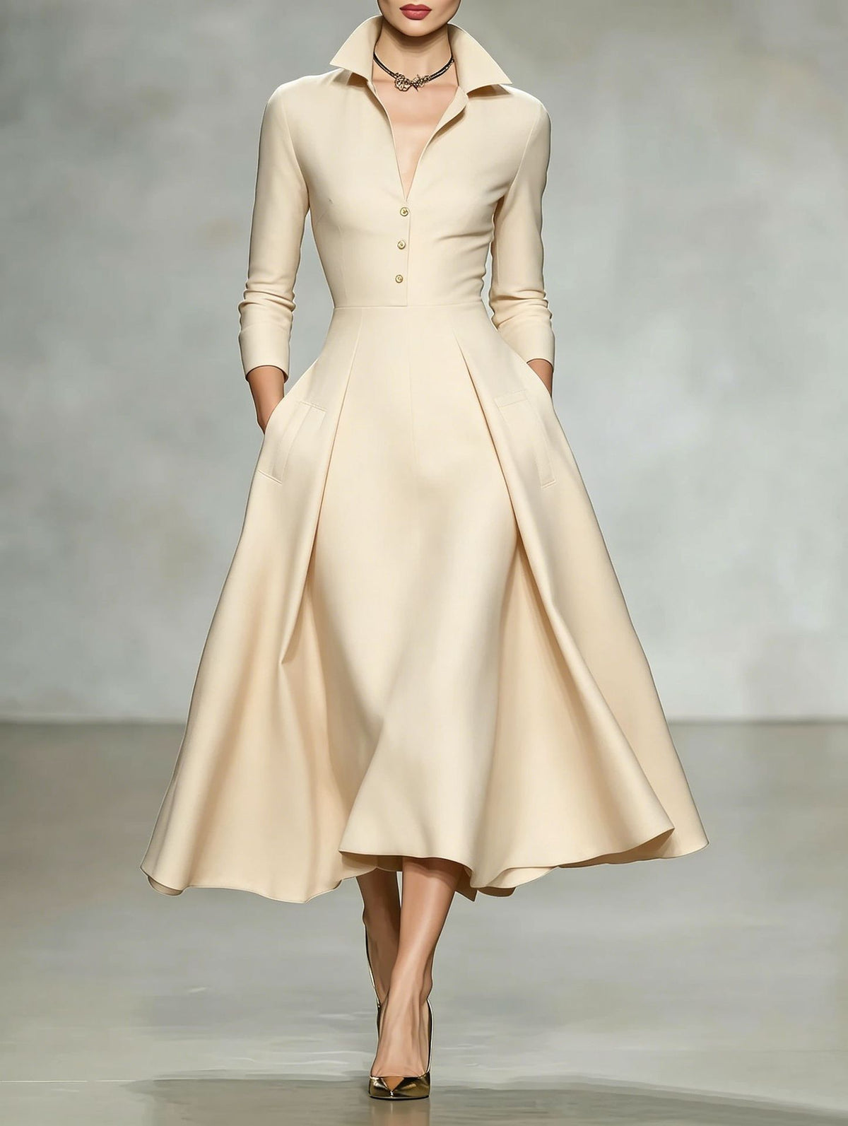 Robe midi à col V et manches longues, taille cintrée