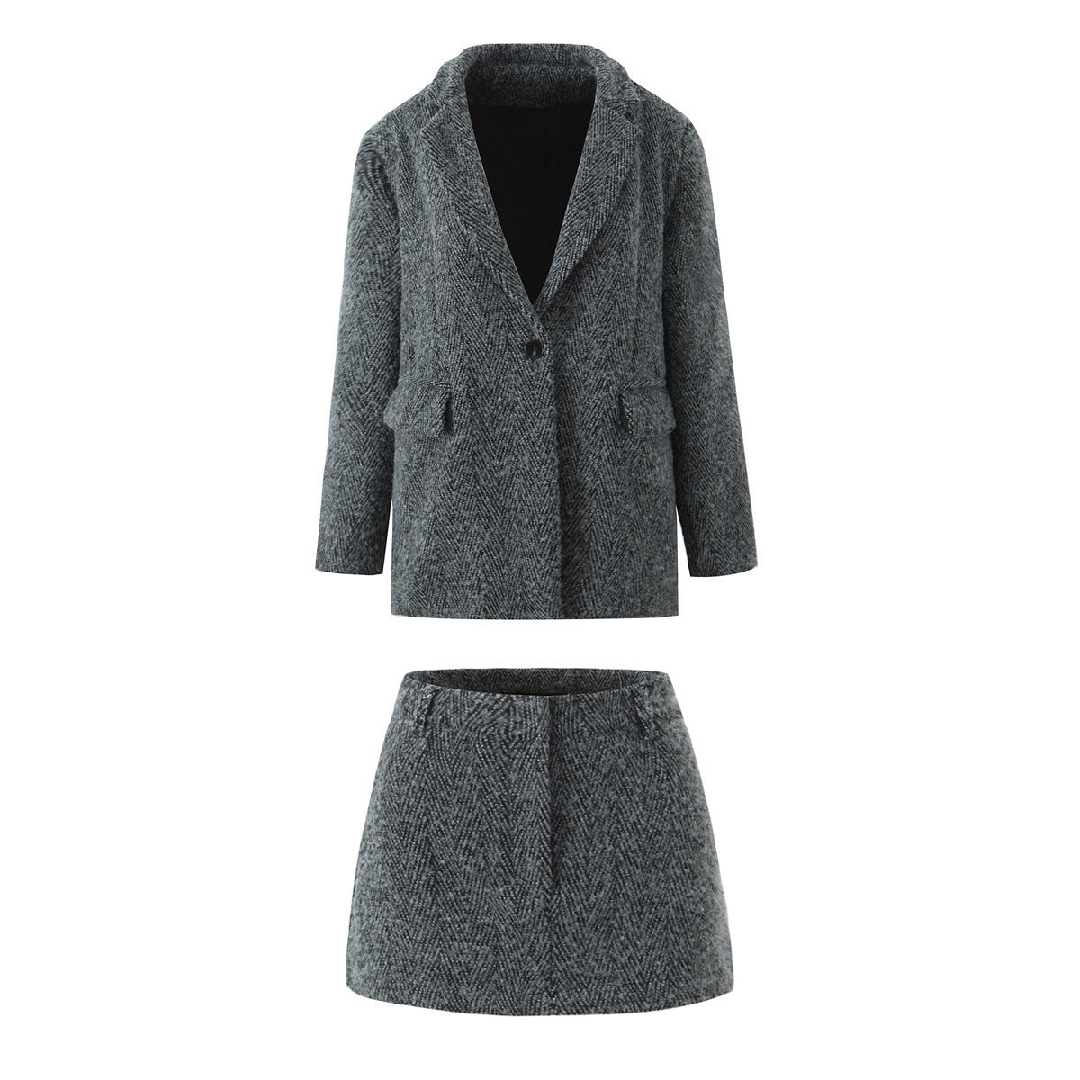 Ensemble femme 2 pièces à chevrons – Veste et jupe courte grises