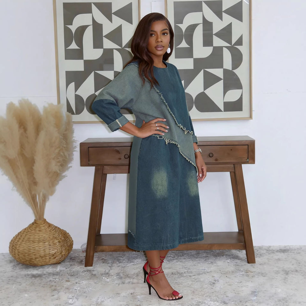 Robe midi ample en denim à ourlet brut