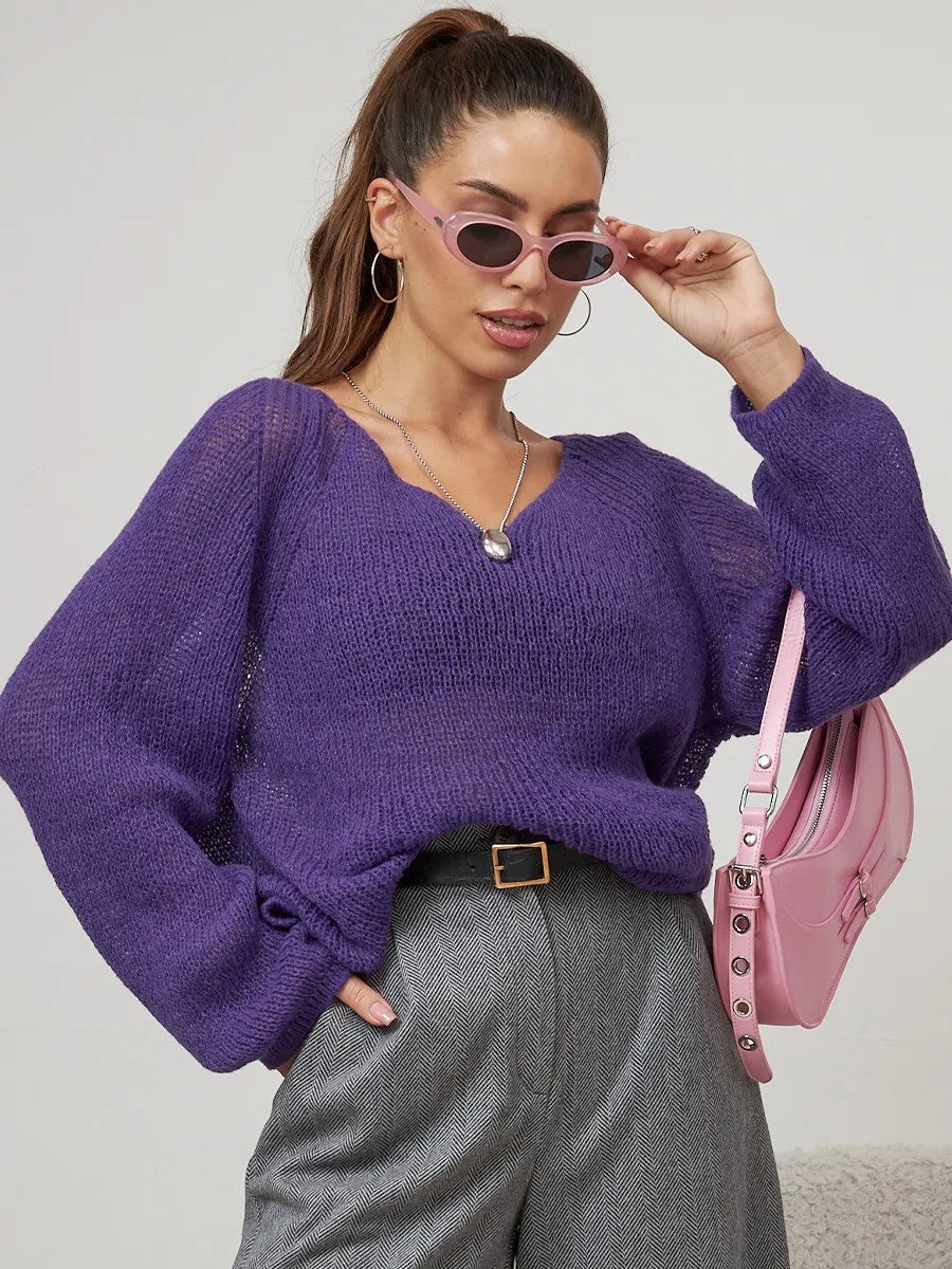 Einfarbiger Pullover mit Rundhalsausschnitt und Lochstrickmuster, lange Ärmel