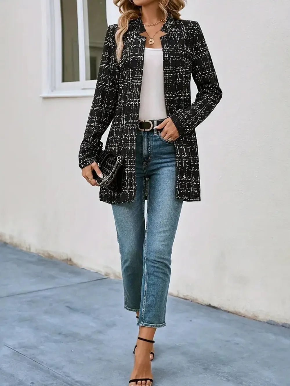 Women's open-front plaid blazer long sleeve unlined