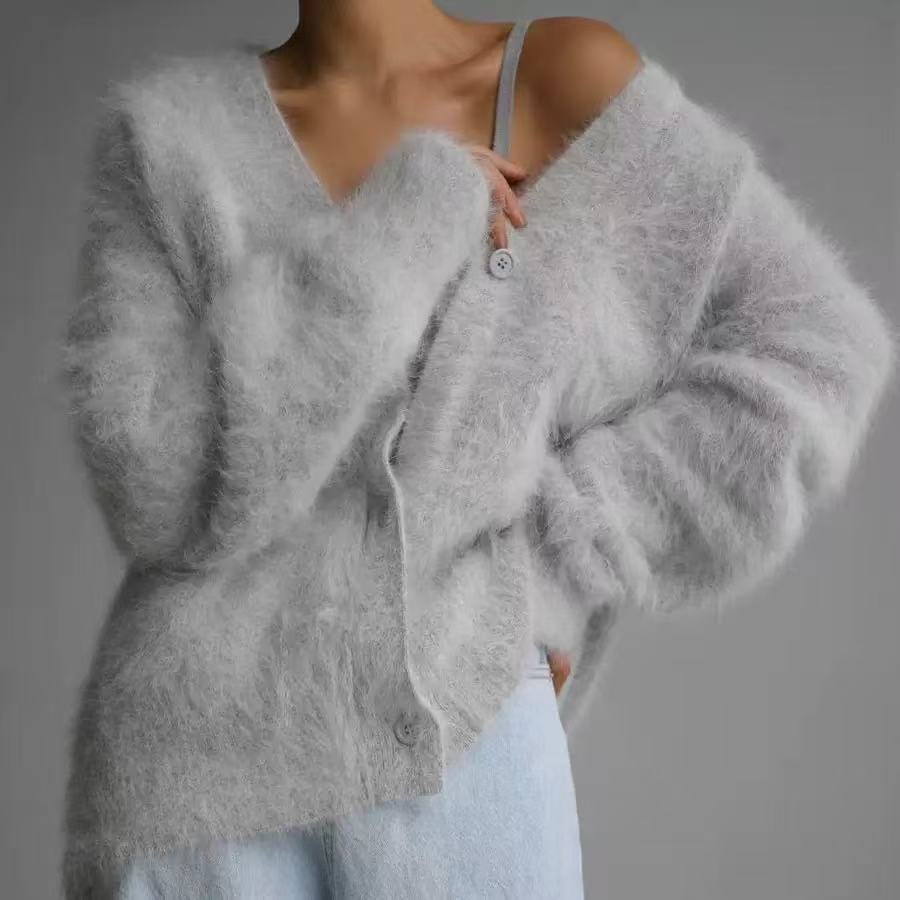 Damen-Cardigan mit V-Ausschnitt, Webpelz in Nerzoptik, locker geschnitten, 6 Farben