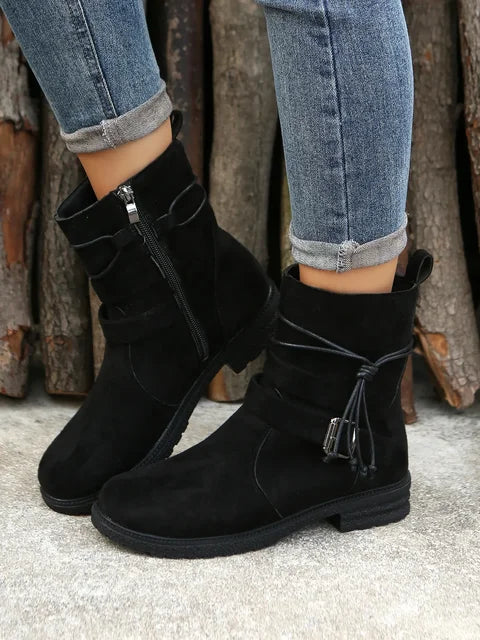 Chelsea Boots Femme – Suède, Talon Épais, Boucle Ceinture, Automne Hiver