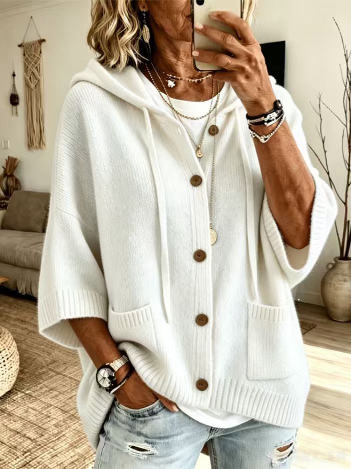 Einfarbige Damen-Kapuzenstrickjacke – Große Größen & 9 Farben