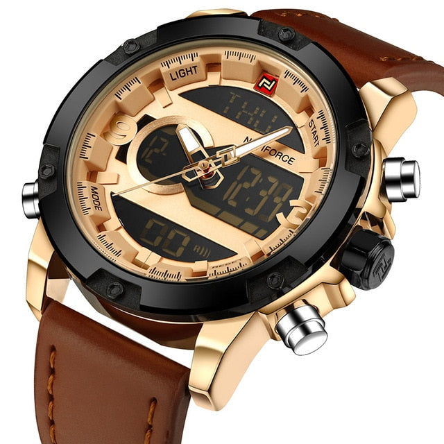 Naviforce Herrenuhr Ana-Digi Quarz — Lederarmband, Alarm, Chronograph, 46,5 mm