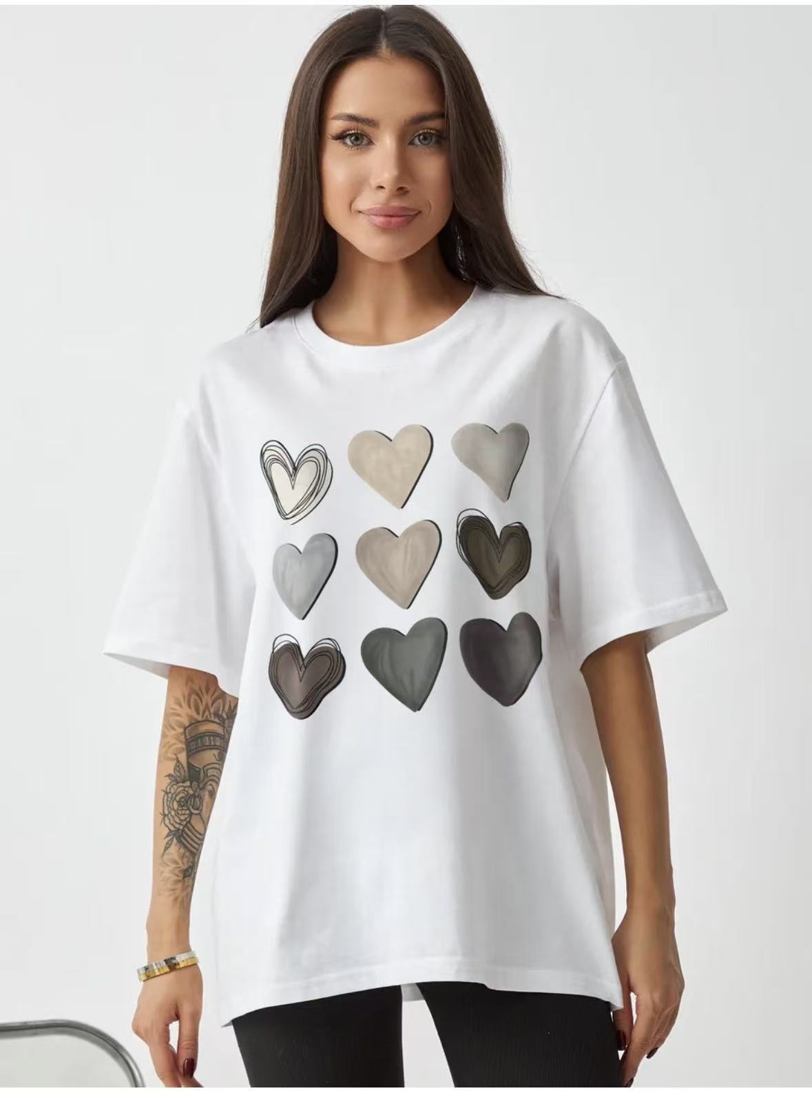T-shirt femme blanc imprimé cœurs – Coupe ample