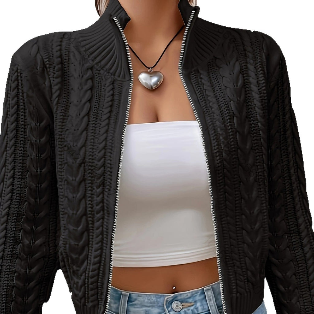 Damen-Strickjacke mit Reißverschluss, Stehkragen und langen Ärmeln