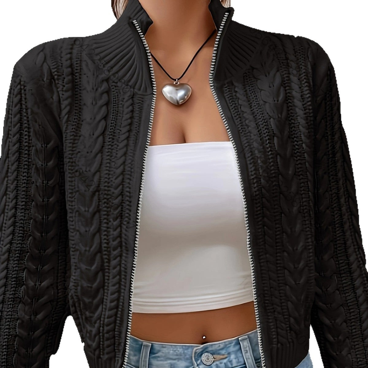 Damen-Strickjacke mit Reißverschluss, Stehkragen und langen Ärmeln