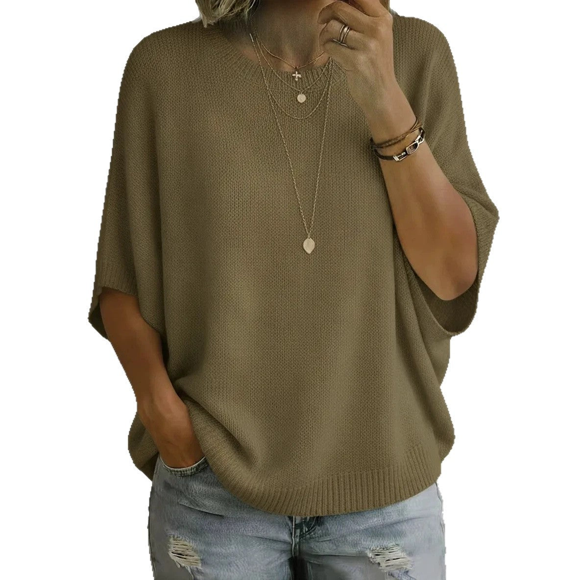 Einfarbiger Damen-Pullover in lockerer Passform aus Strickware, Rundhalsausschnitt
