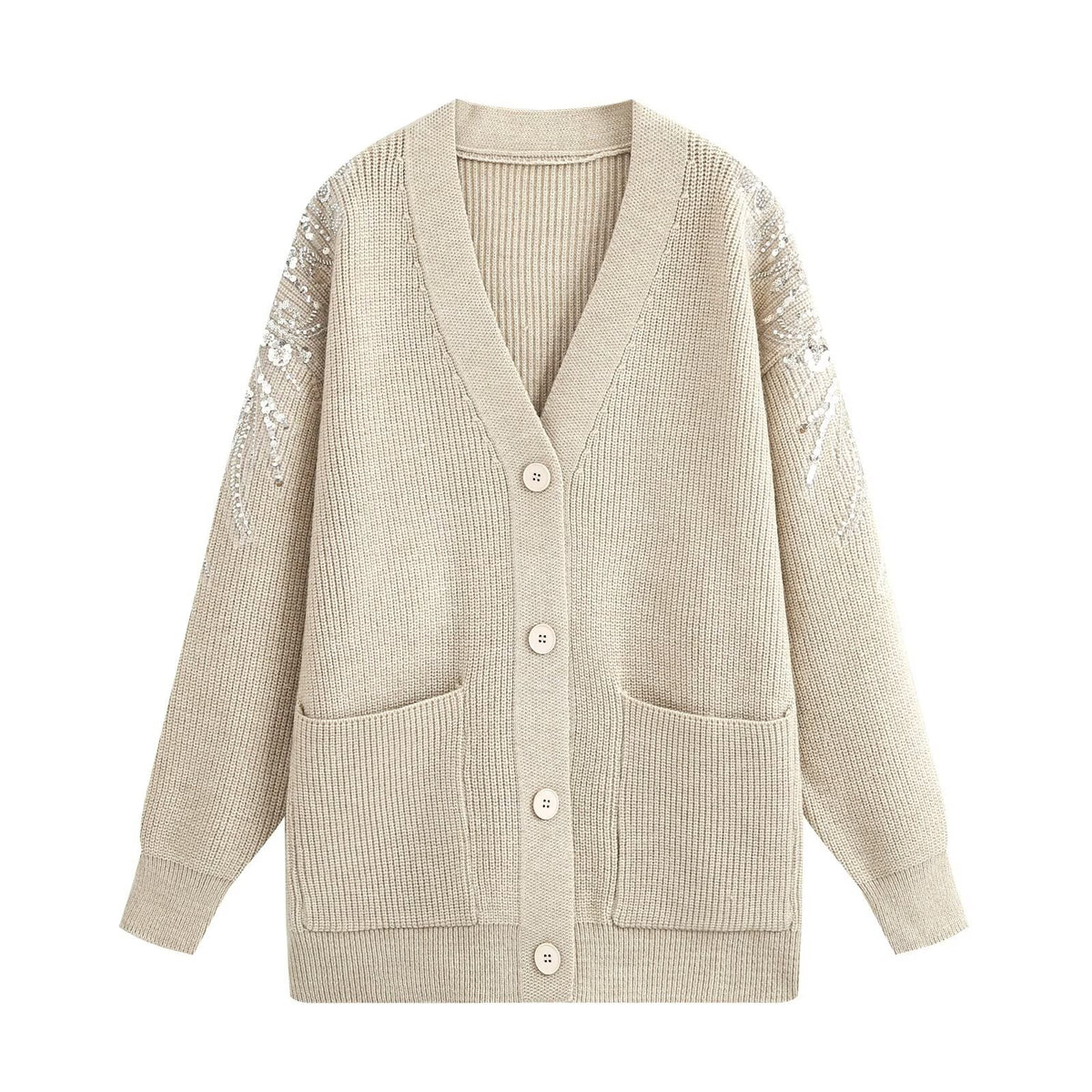 Cardigan femme ample en maille à col V et manches ornées