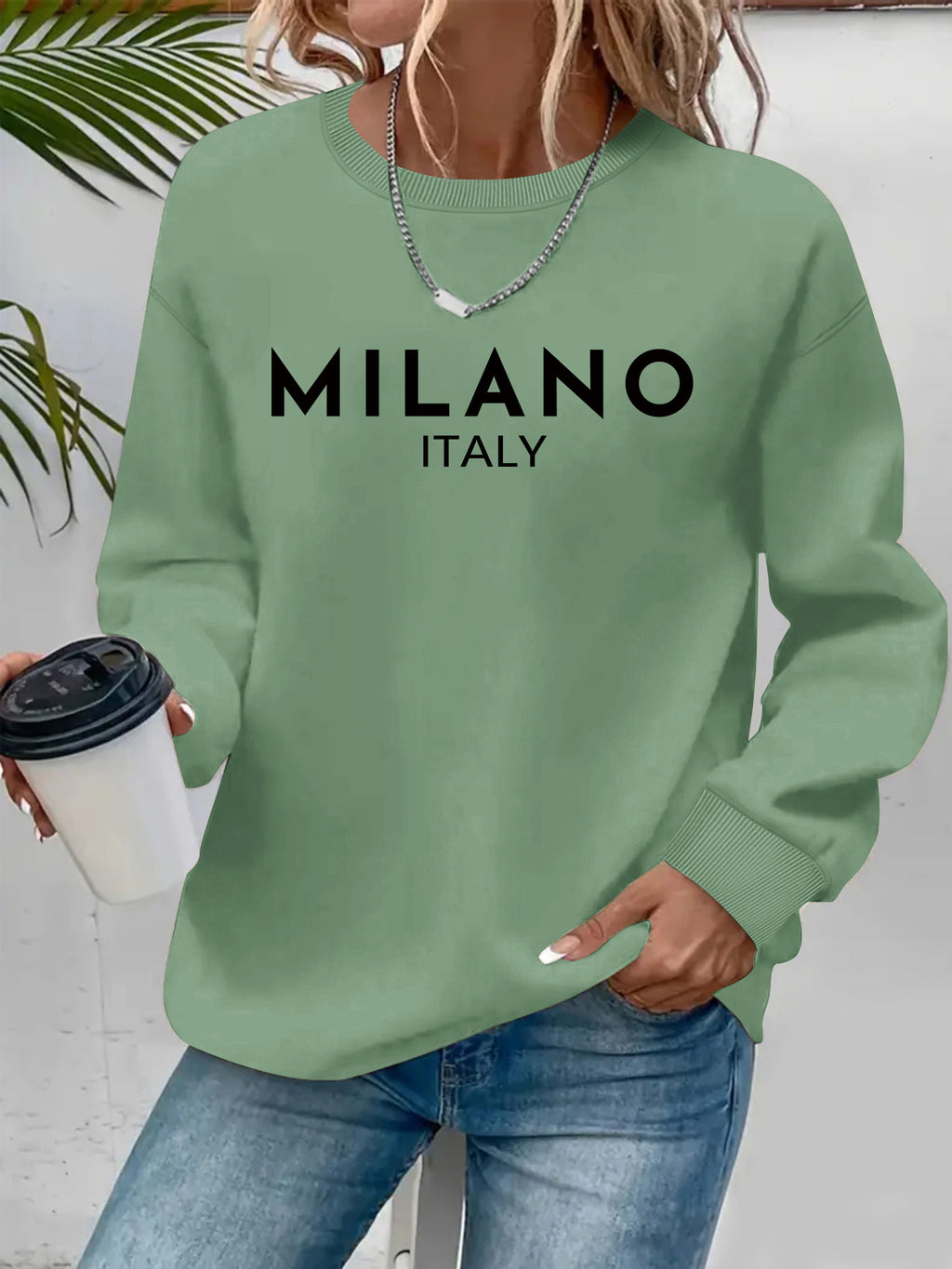 Sweat femme en coton à col rond imprimé MILANO ITALY