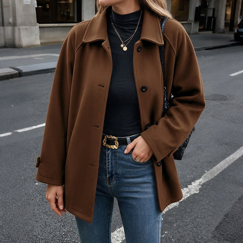 Veste mi-longue à col rabattu et boucle couleur unie femme