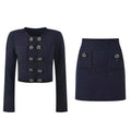 Ensemble cardigan et mini-jupe bleu marine en maille à boutons bijoux