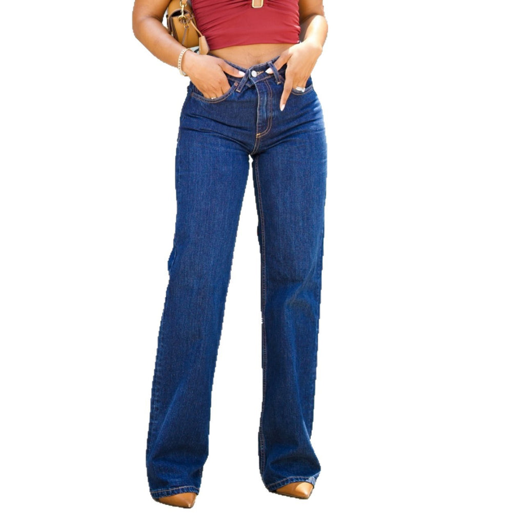 Jean droit basique lavé – Style street américain, Mi-taille, Bleu foncé