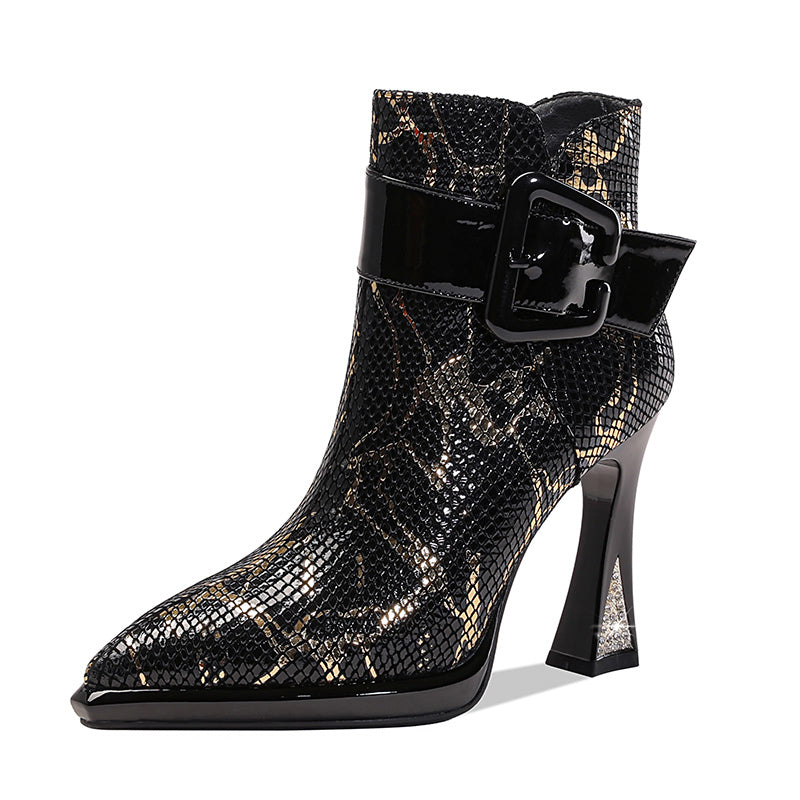 Bottines Femme Cuir Véritable Talon Épais 10 cm — Bout Pointu, Or & Argent, Soirée