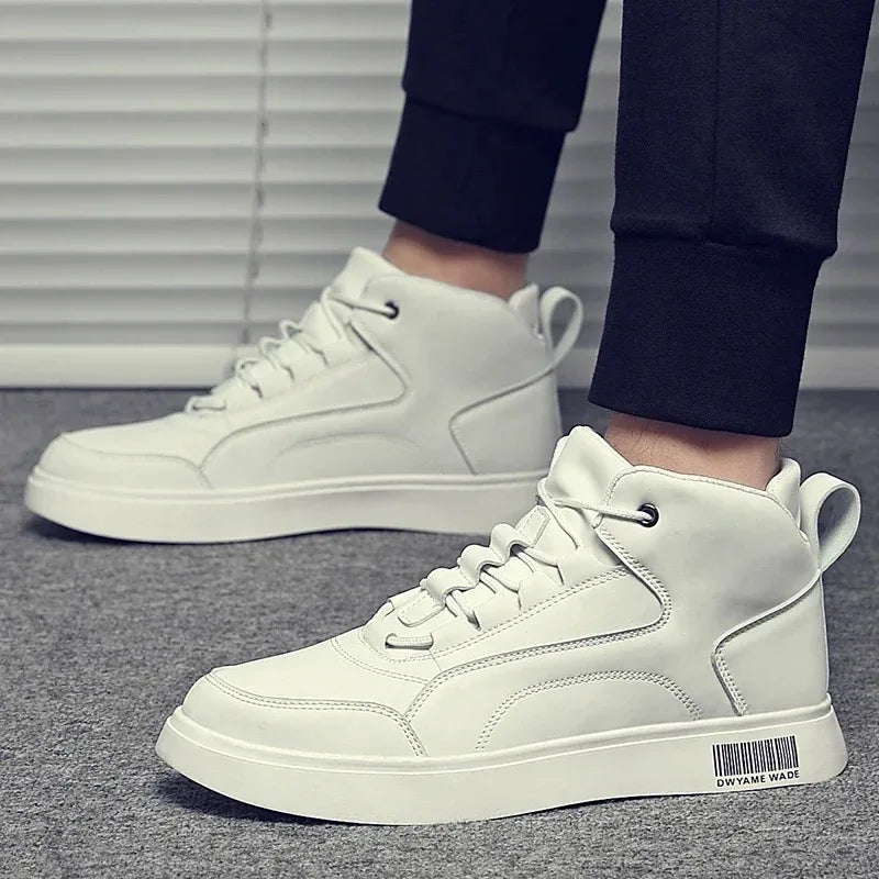 Baskets Montantes Homme Casual — Tige PU, Lacets, Blanc, Style Tendance