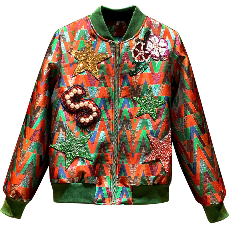 Bomber femme multicolore en jacquard à écussons fantaisie