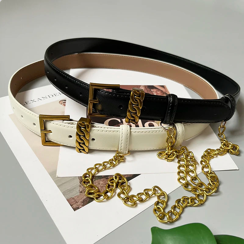 Ceinture femme en cuir avec chaîne dorée