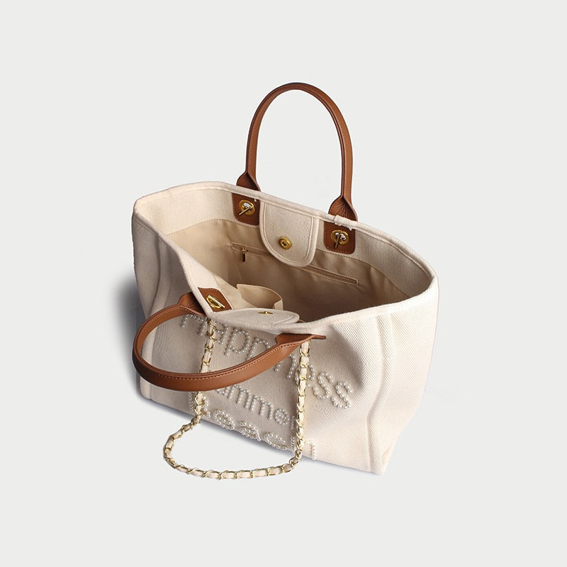 Grand Sac Cabas Femme Toile Brodée Perles Fait Main – Style Chanel Blanc Crème