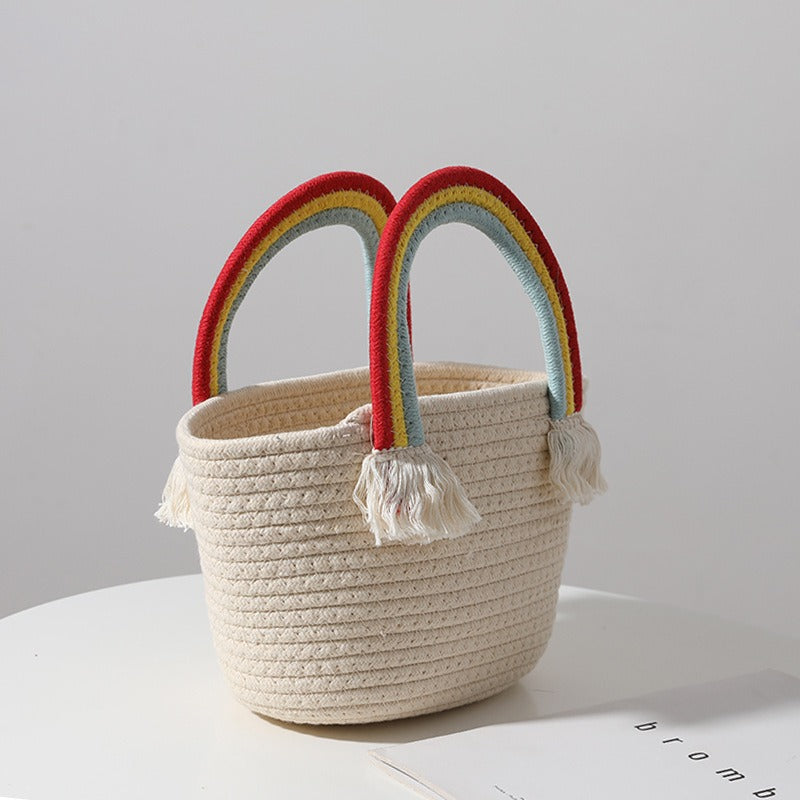 Geflochtene Strandtasche Regenbogen-Wolke – Handgefertigter Baumwollkorb
