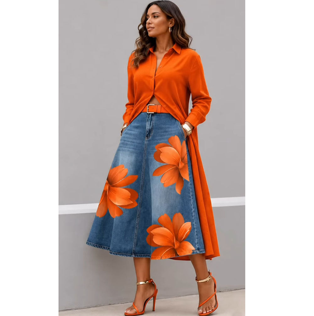 Jupe midi taille haute à imprimé floral, effet denim délavé