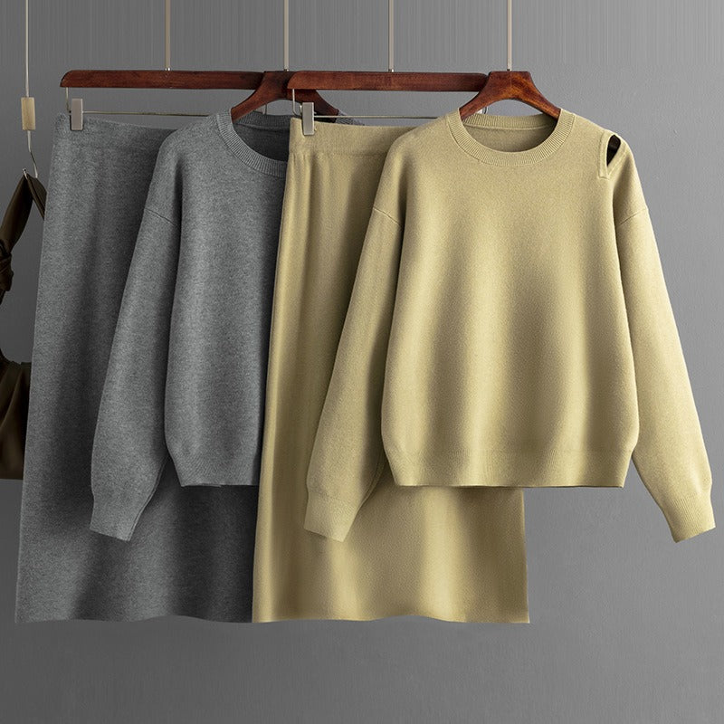 Ensemble femme en maille – Pull et jupe midi fendue