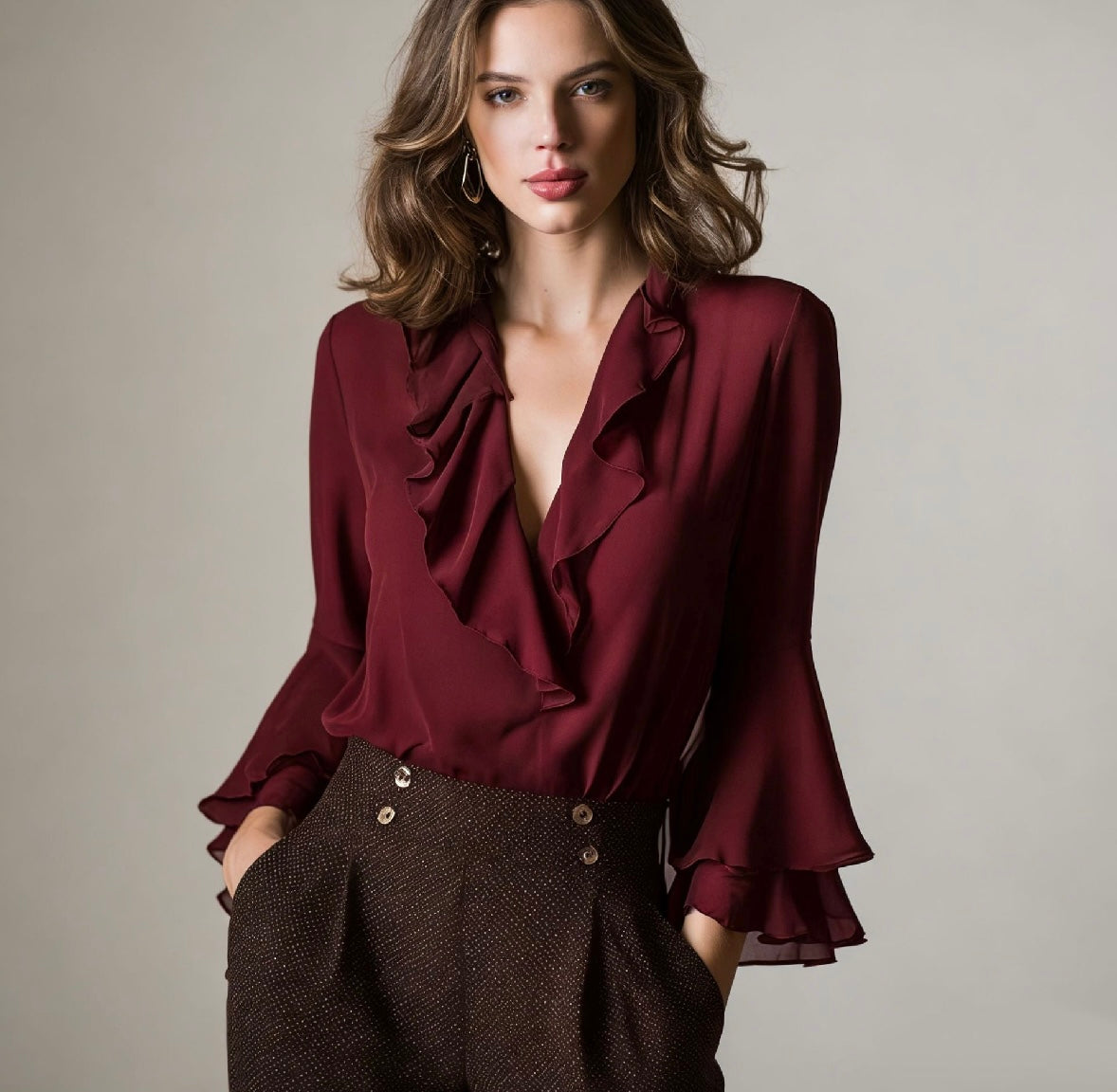 Blouse femme à volants, col V et manches longues