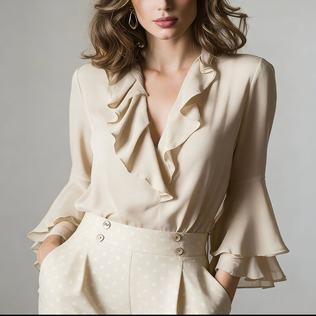 Blouse femme à volants, col V et manches longues