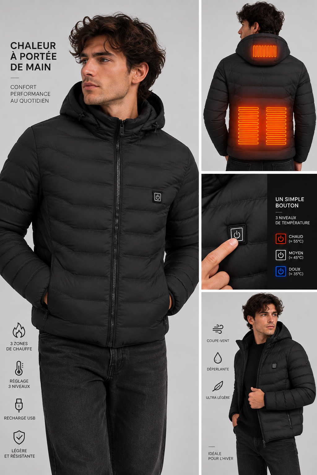 Veste Chauffante Connectée USB – Doudoune à Capuche Imperméable Homme