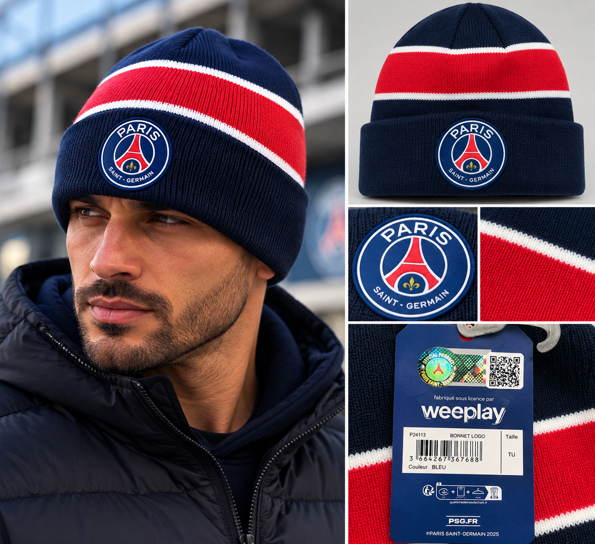 Bonnet Paris Saint-Germain PSG – Bleu Marine, Rouge & Blanc – Produit Officiel