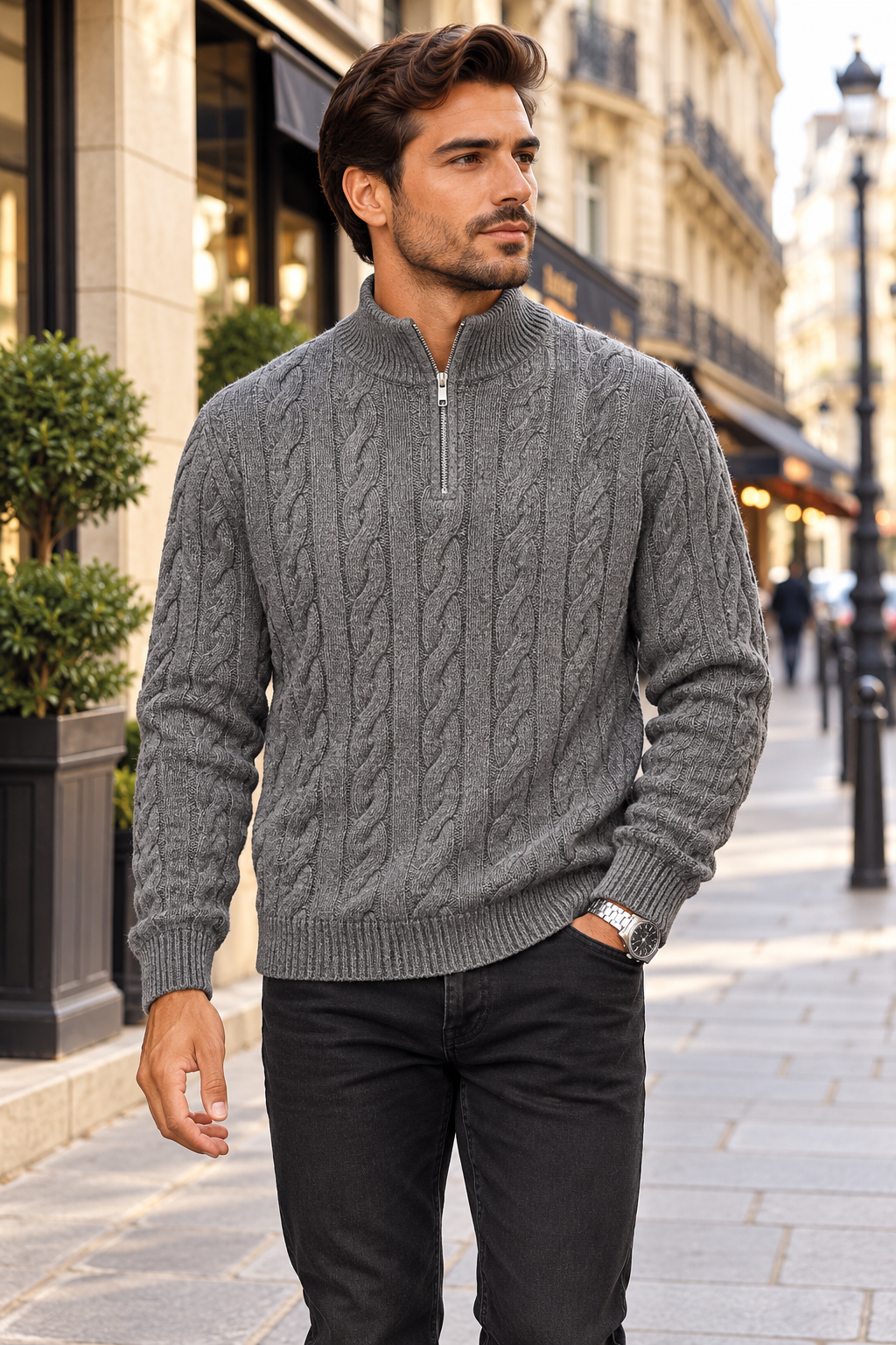 Pull homme ample en maille torsadée à manches longues