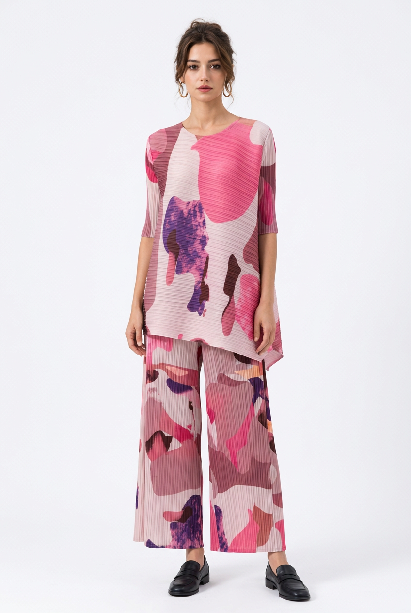 Ensemble femme plissé imprimé, tunique asymétrique et pantalon large