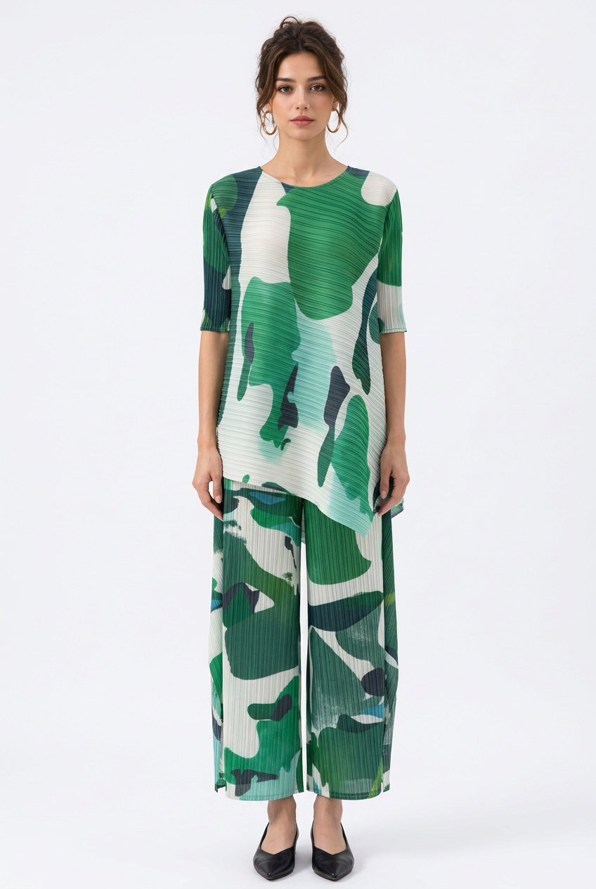 Ensemble femme plissé imprimé, tunique asymétrique et pantalon large