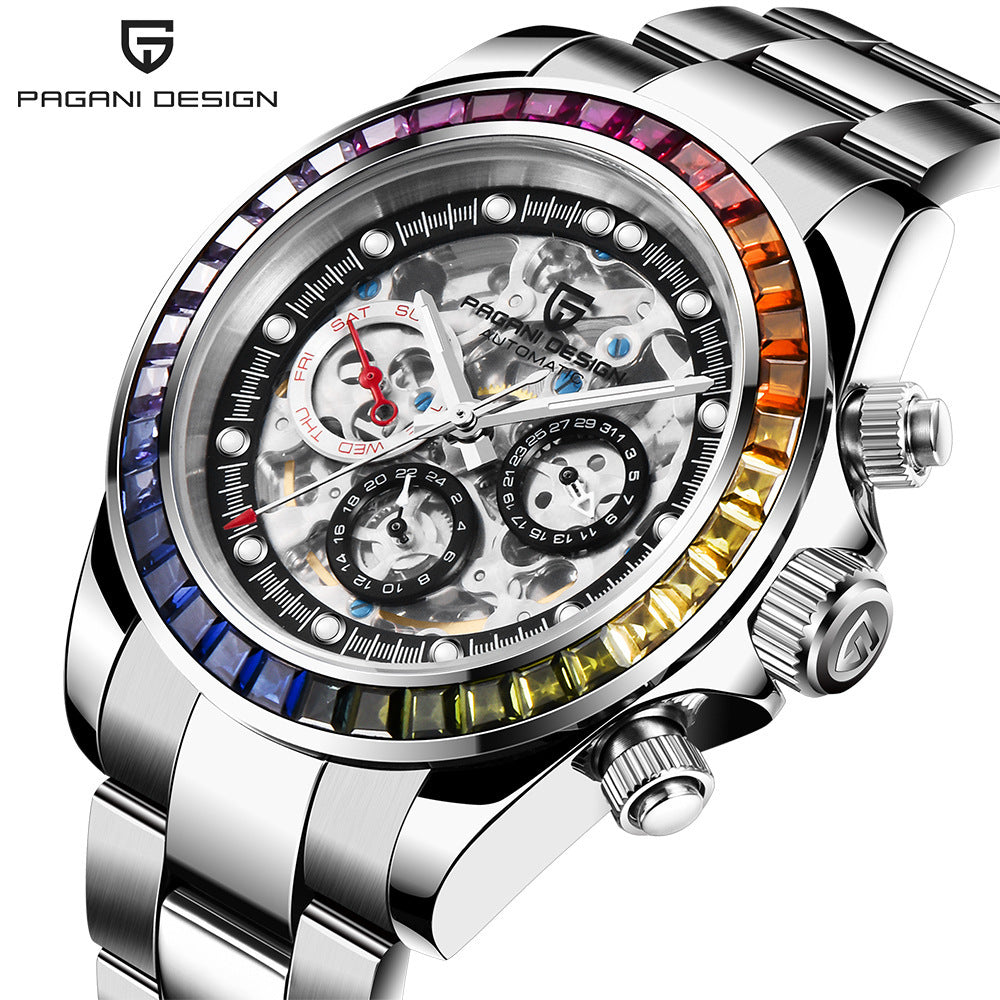Montre Homme Pagani Design Mécanique Automatique — Saphir, Acier, Étanche 100M, Fond Transparent