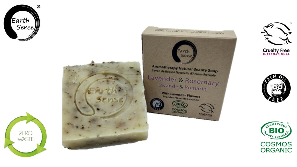 Savon solide certifié bio – Lavande & Romarin avec fleurs de lavande 90 g.