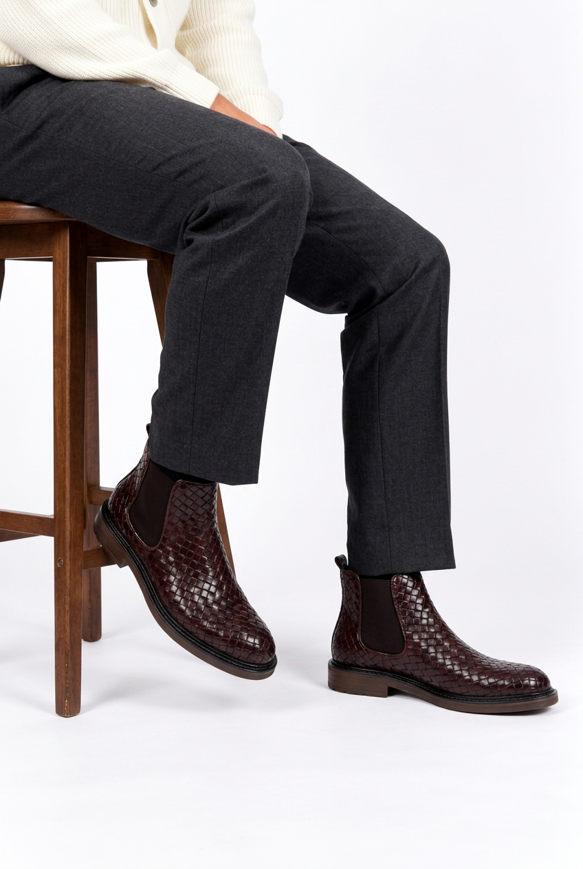 Bottines homme bordeaux à motif tressé portées assis avec un pantalon long