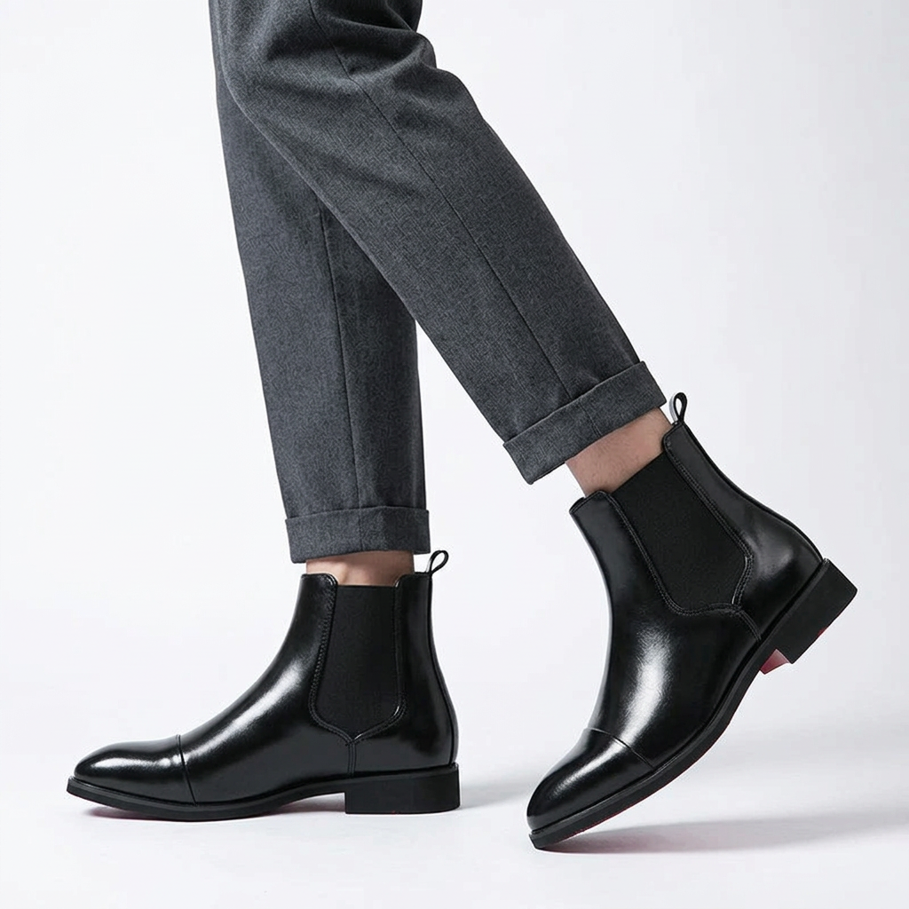 Bottines Chelsea noires portées sur fond blanc