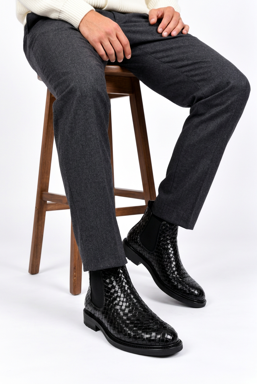 Bottines homme noires à motif tressé portées assis avec un pantalon long