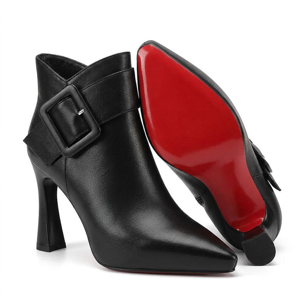 Bottines noires posées avec semelle rouge visible