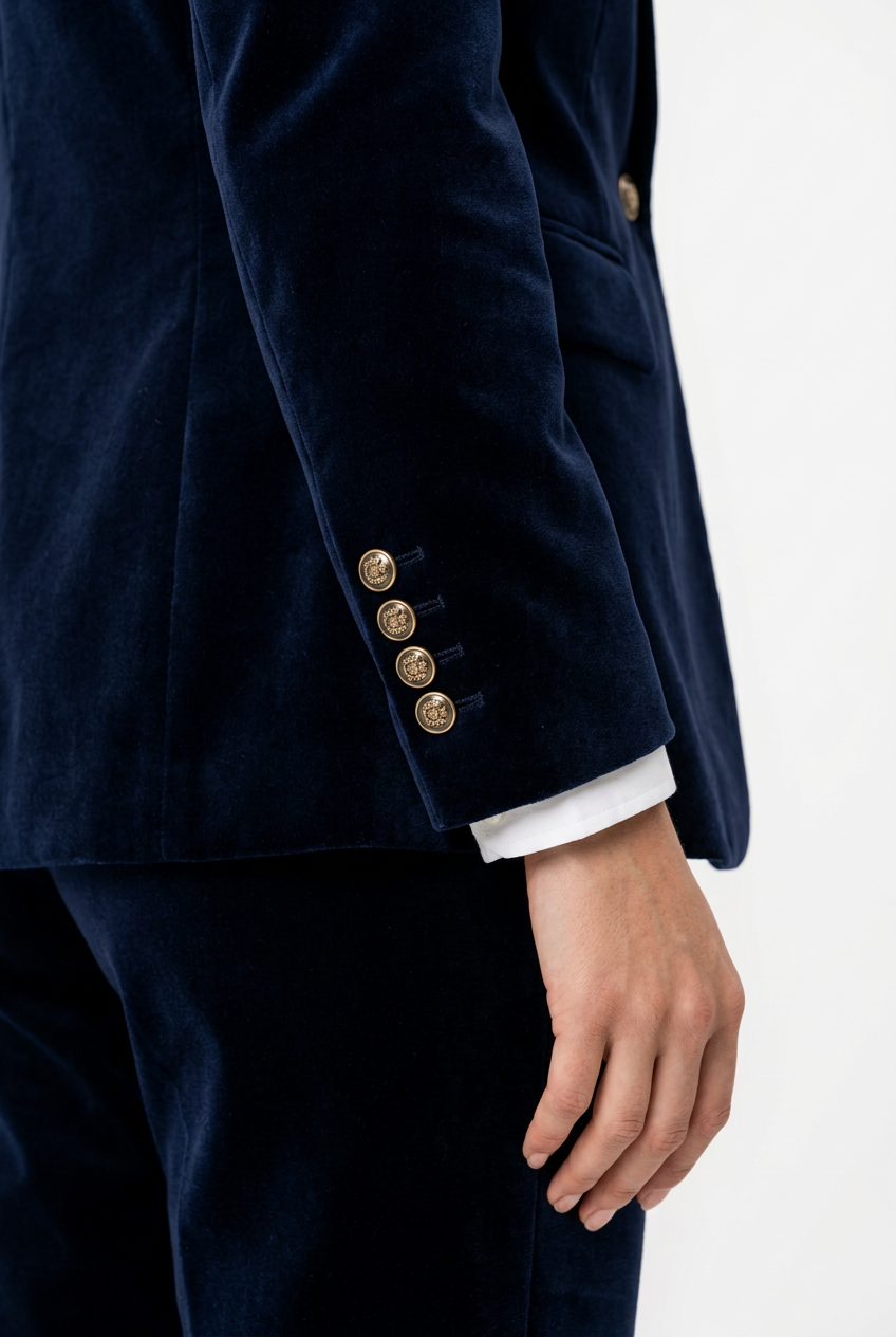 Détail de la manche du blazer bleu marine avec les quatre boutons