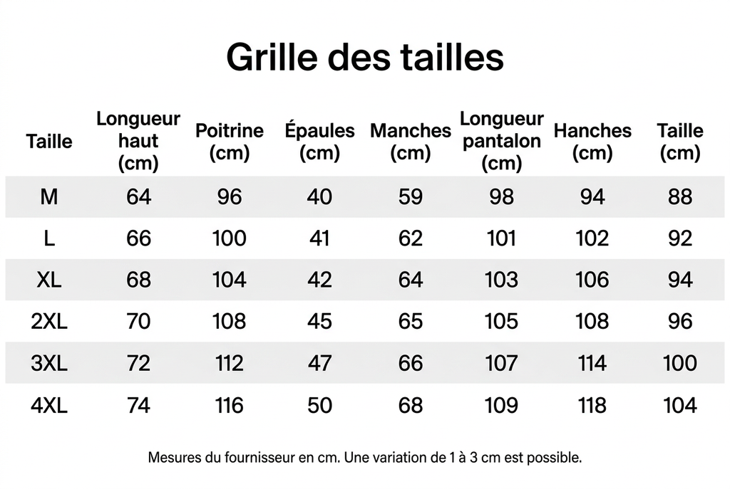 Grille des tailles en français