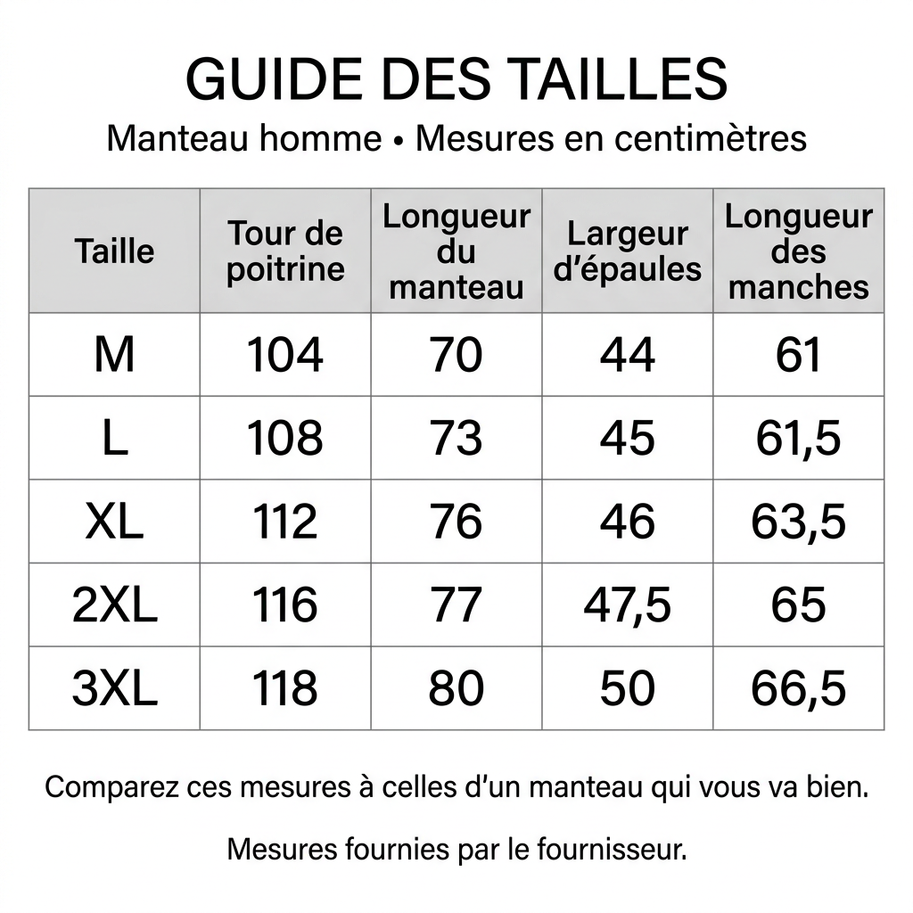 Guide des tailles du manteau en français