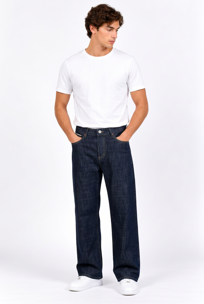 Jean homme bleu foncé coupe large et droite, taille mi-haute
