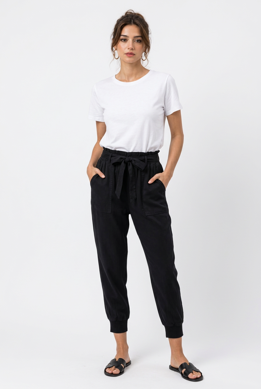 Pantalon Femme Noir – Taille Haute à Cordon, Coupe Fuselée