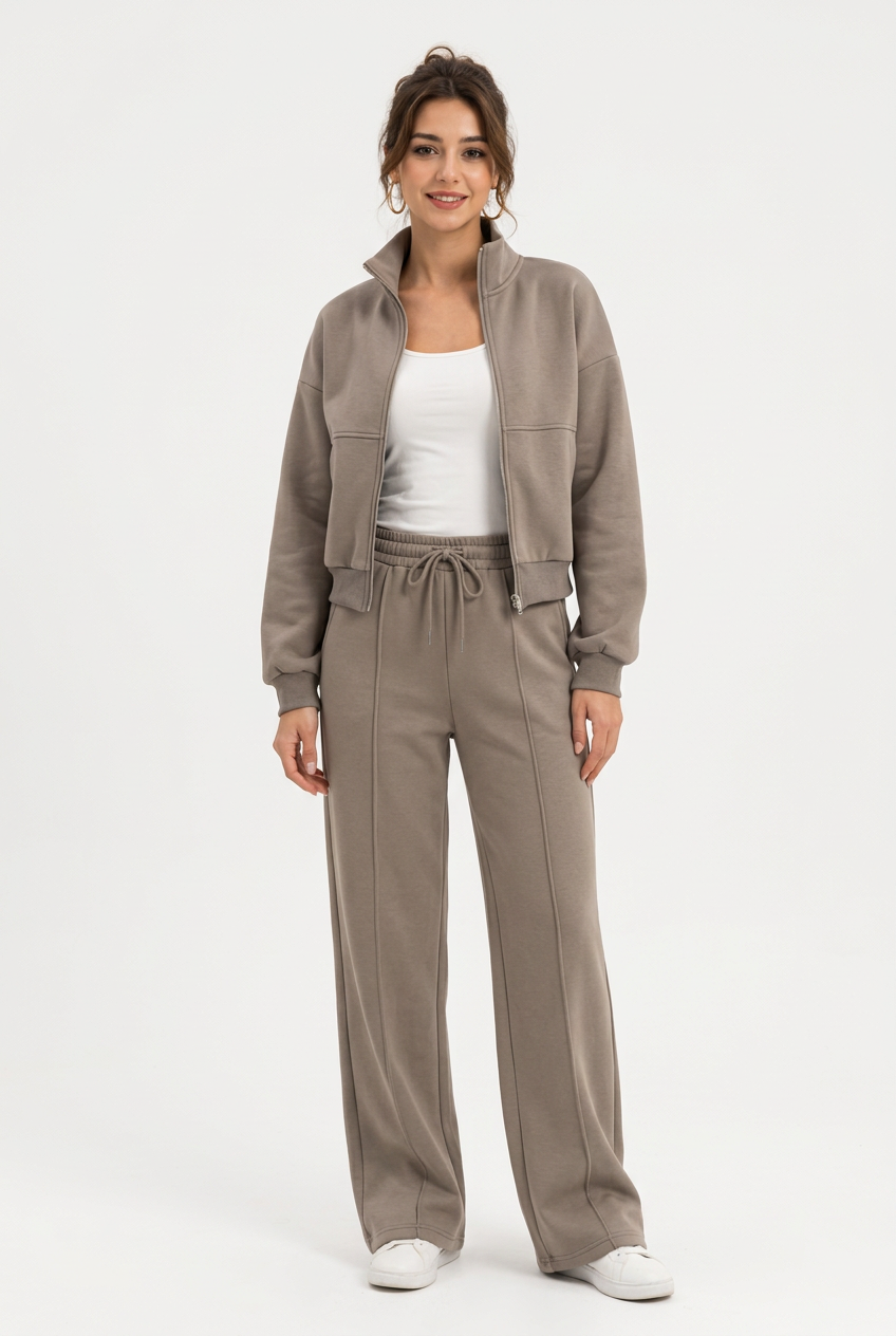 2-teiliges Damen-Set – Offene Sweatjacke mit langen Ärmeln & lange Hose, lässiger Stil