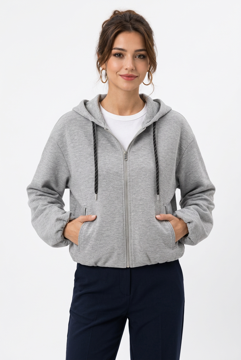 Veste Hoodie Zippée à Capuche et Cordons – Coupe Courte